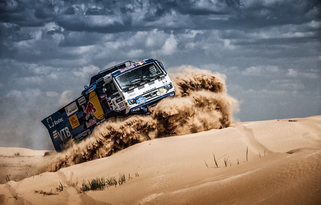 Photo wallpaper Sand, Auto, Sport, Machine, Speed, Clouds, Truck, Race