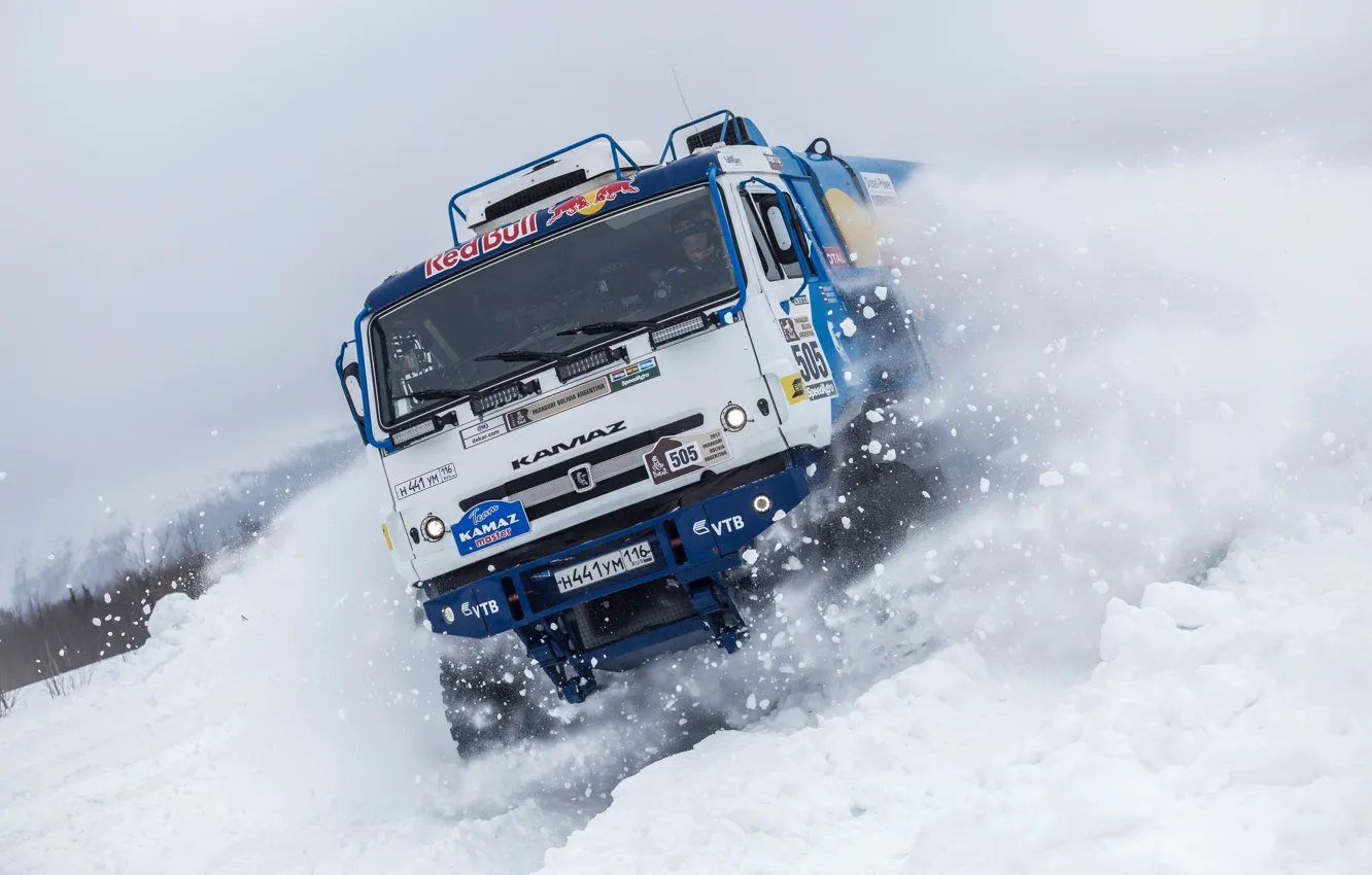 Photo wallpaper Winter, Snow, Truck, Master, Skid, Russia, Kamaz, Rally
