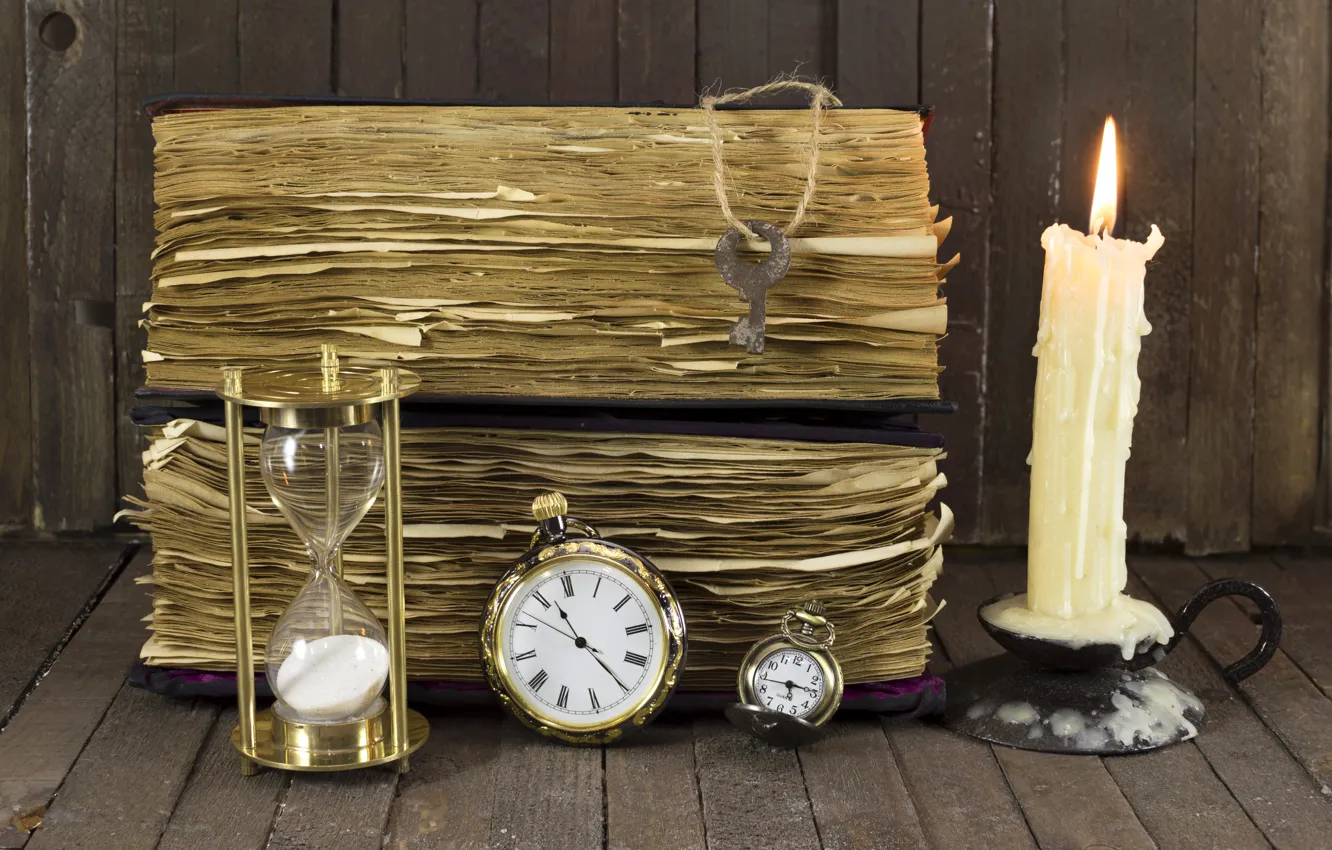 Photo wallpaper old, watch, candle, key, book, hourglass
