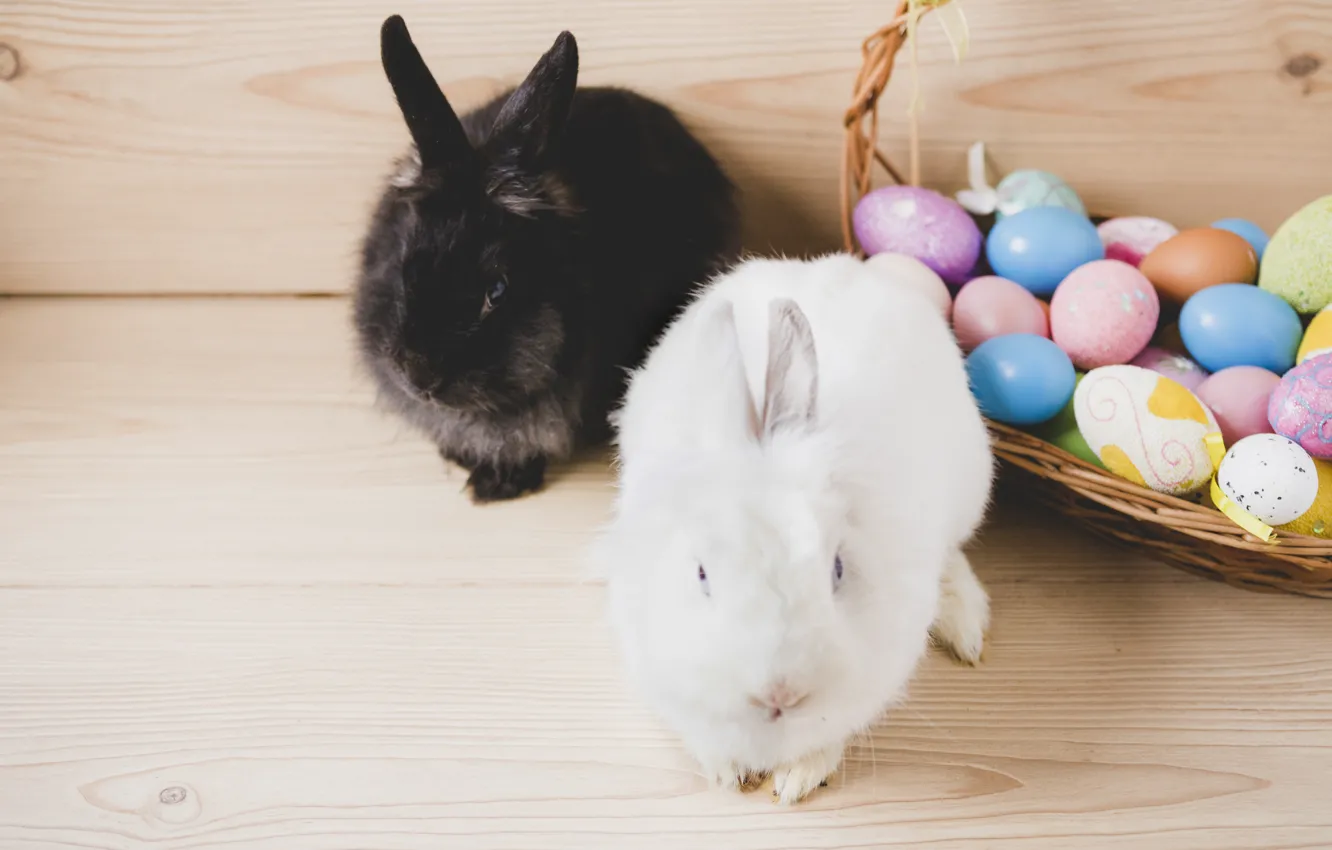 Photo wallpaper holiday, basket, eggs, Rabbits, Easter