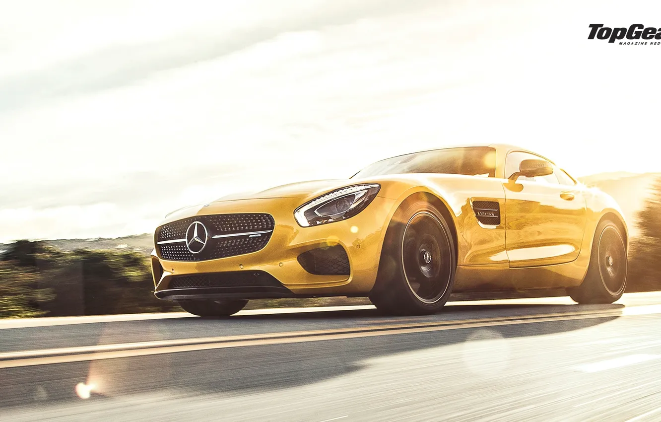 Photo wallpaper Mercedes-Benz, Speed, Front, AMG, Sun, Yellow, Supercar, 2015