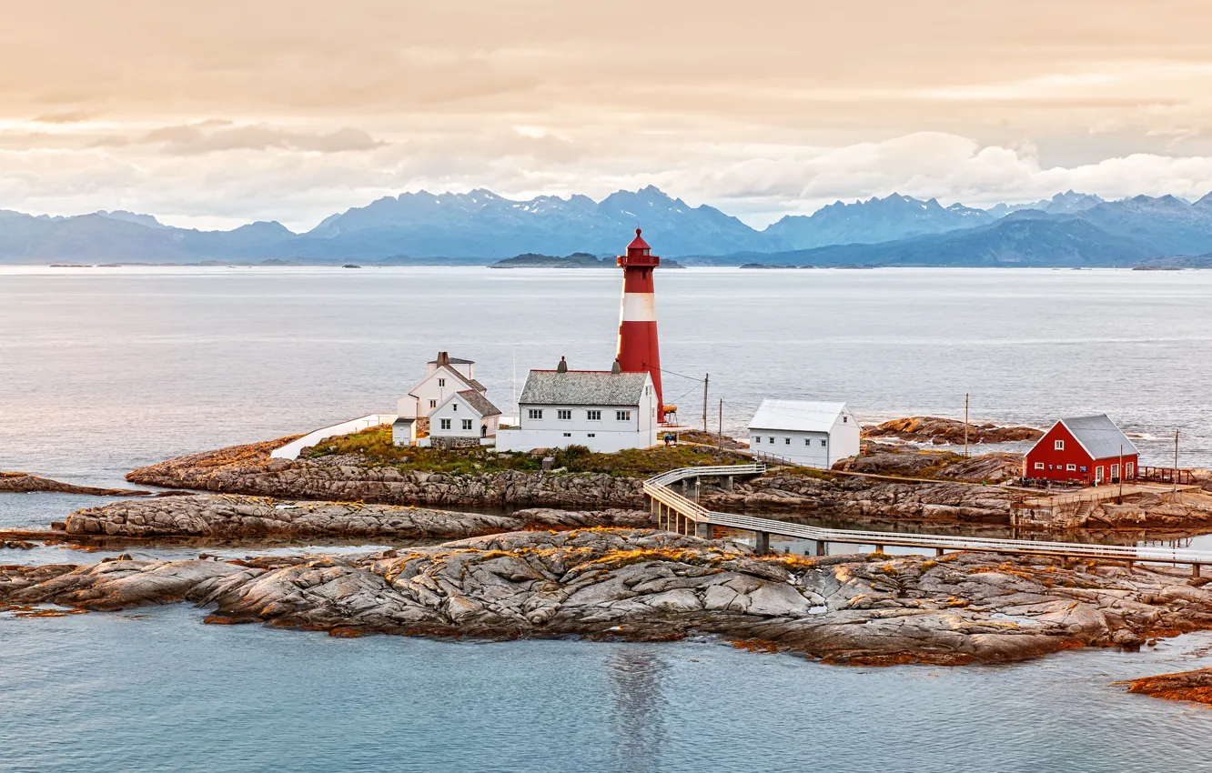 Photo wallpaper sea, mountains, coast, lighthouse, Norway