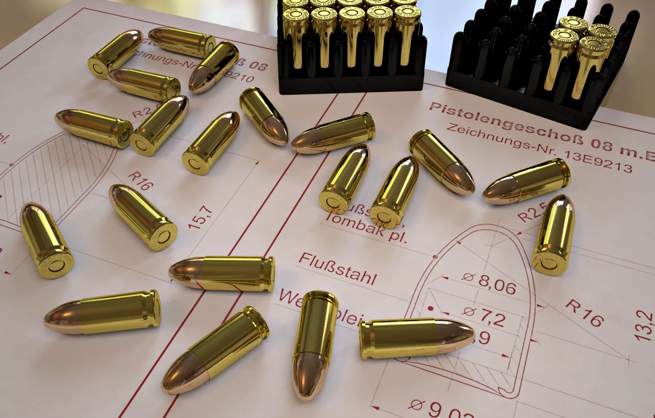 Photo wallpaper drawing, form, cartridges, 9mm, packaging, SIZE, calculation