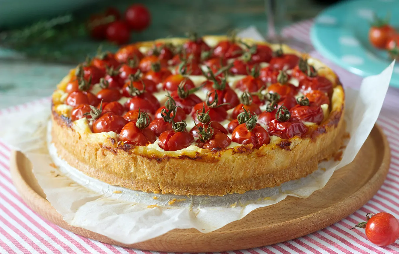 Photo wallpaper paper, table, cheese, pie, yummy, pizza, parchment, tomatoes