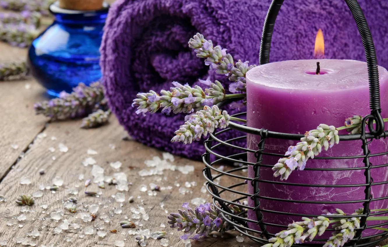 Photo wallpaper oil, candle, towel, lavender