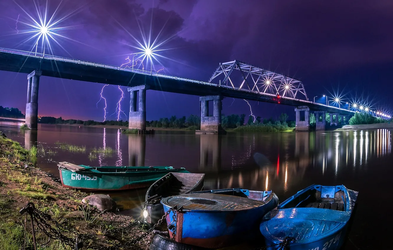 Photo wallpaper landscape, night, bridge, nature, river, shore, boats, lights