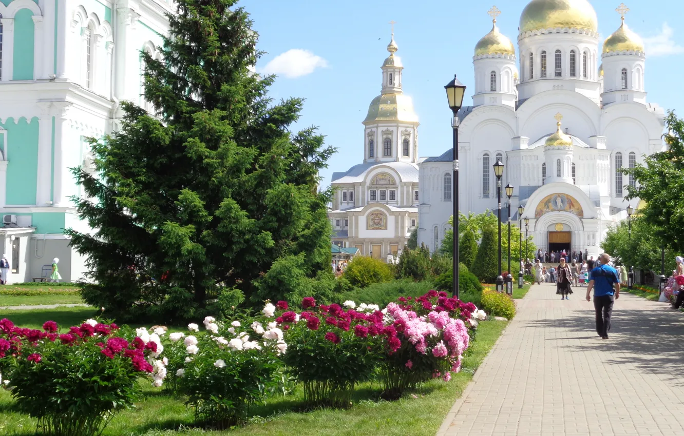 Photo wallpaper summer, flowers, beauty, Cathedral, peonies, Diveevo