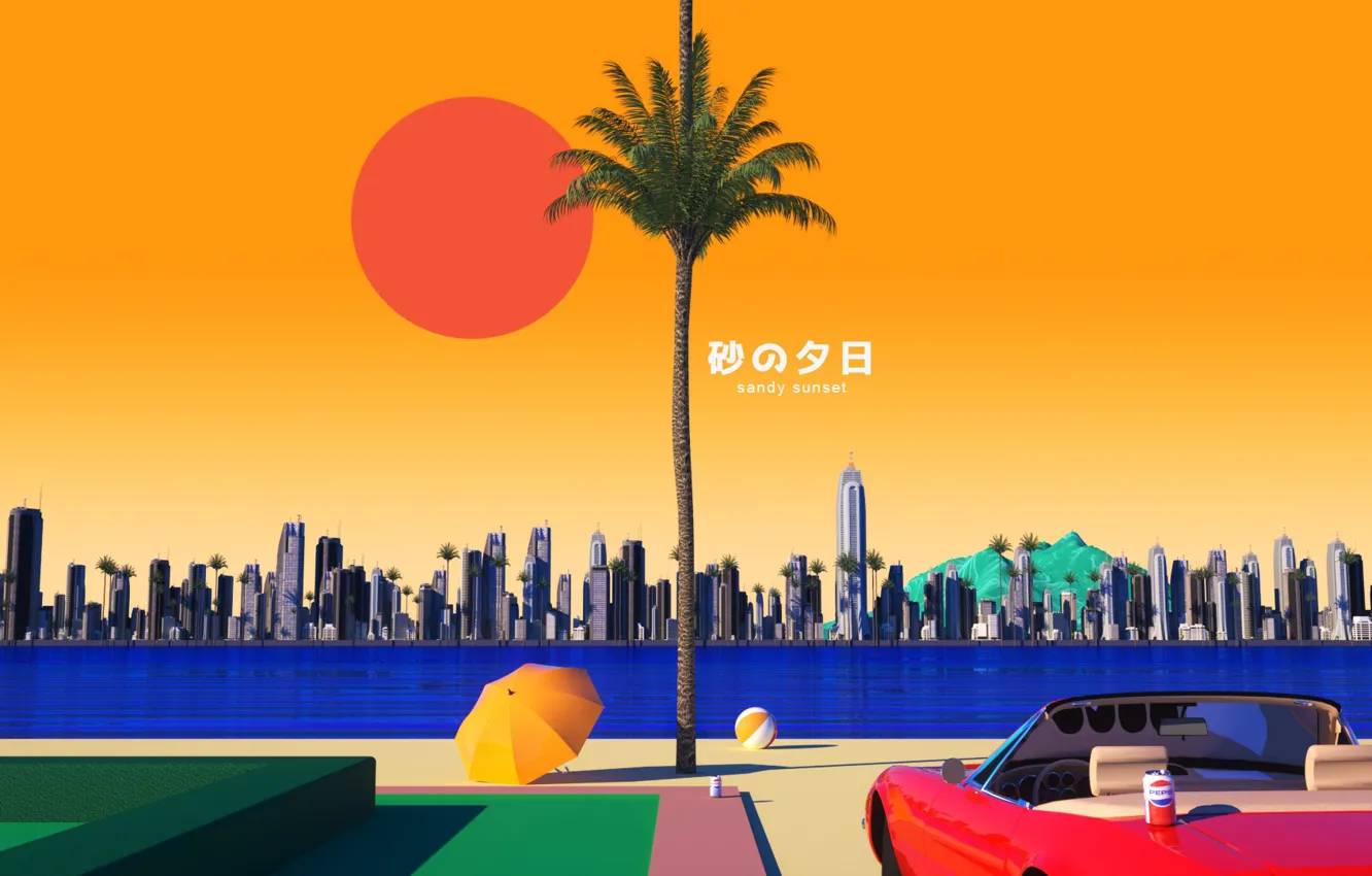 Photo wallpaper machine, beach, the sun, sunset, the city, style, music, palm trees