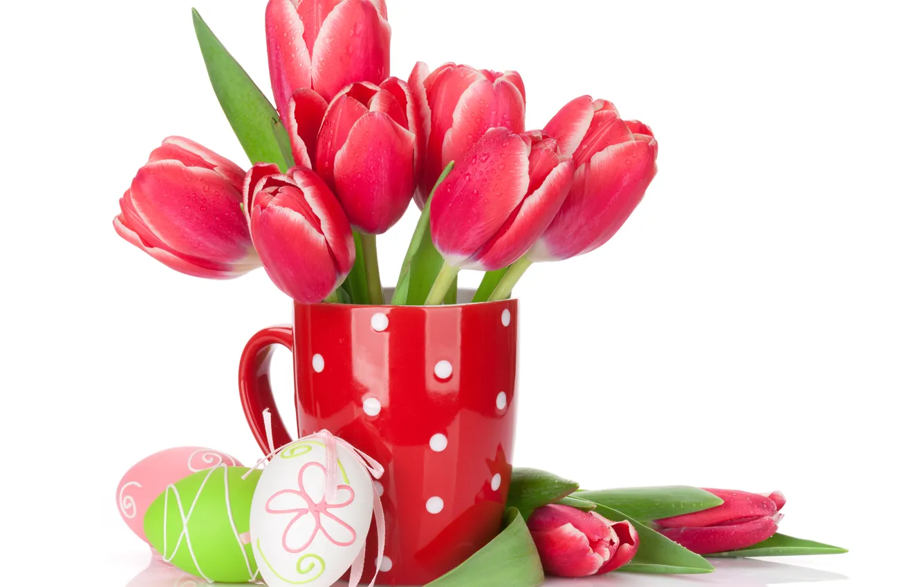 Photo wallpaper flowers, eggs, spring, colorful, Easter, tulips, red, wood
