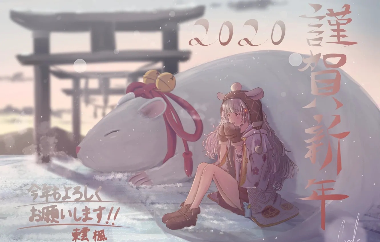 Photo wallpaper winter, snow, Japan, shoes, mouse, characters, sitting, coat