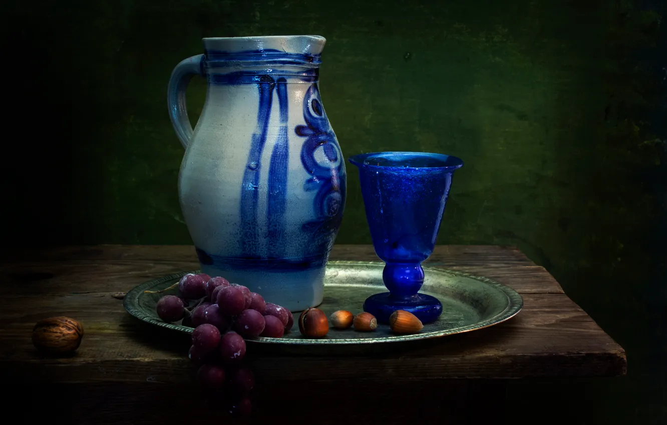 Photo wallpaper glass, grapes, pitcher, nuts, still life, A Dutch influence