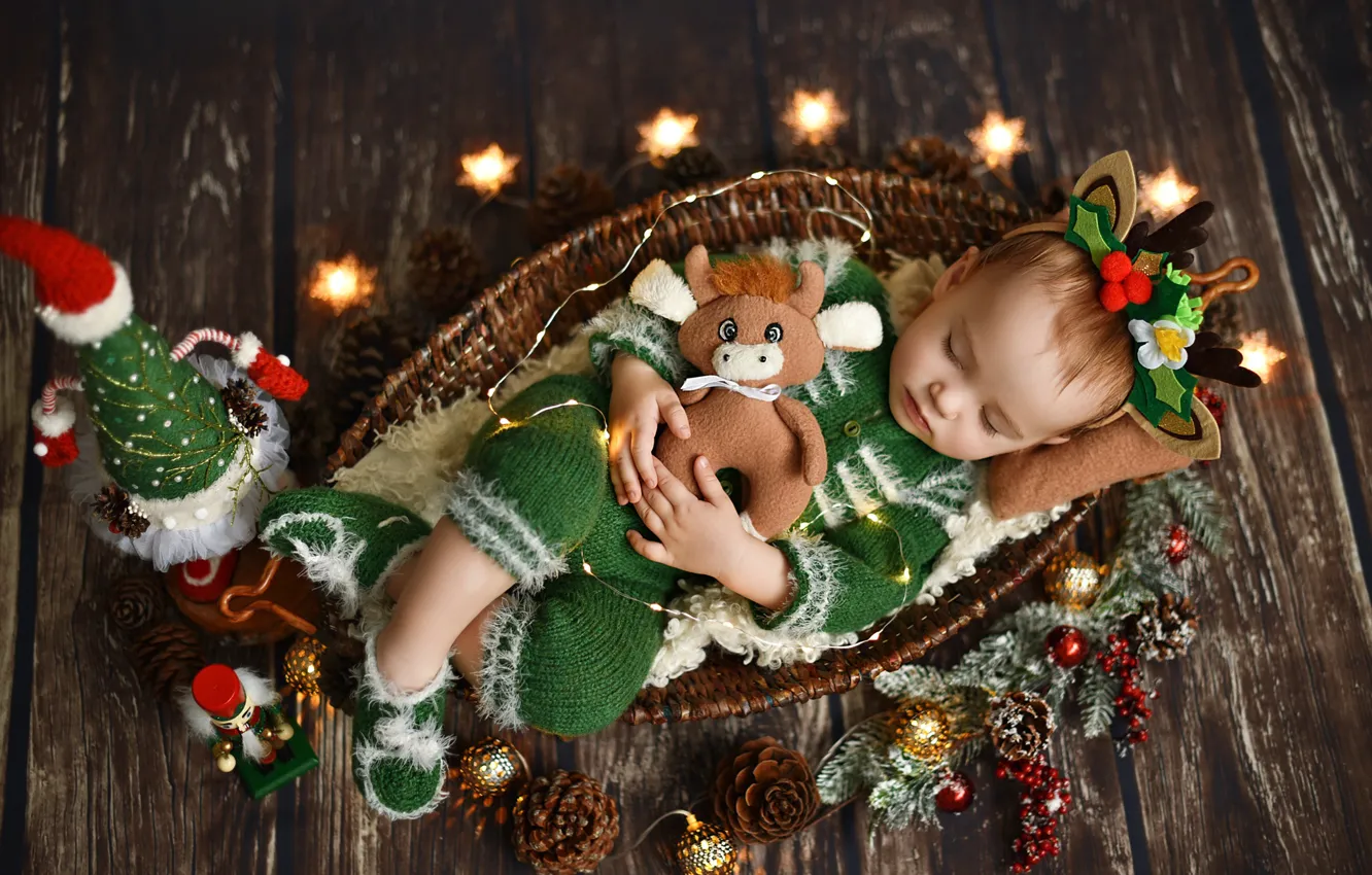 Photo wallpaper branches, holiday, basket, toys, new year, sleep, Christmas, spruce