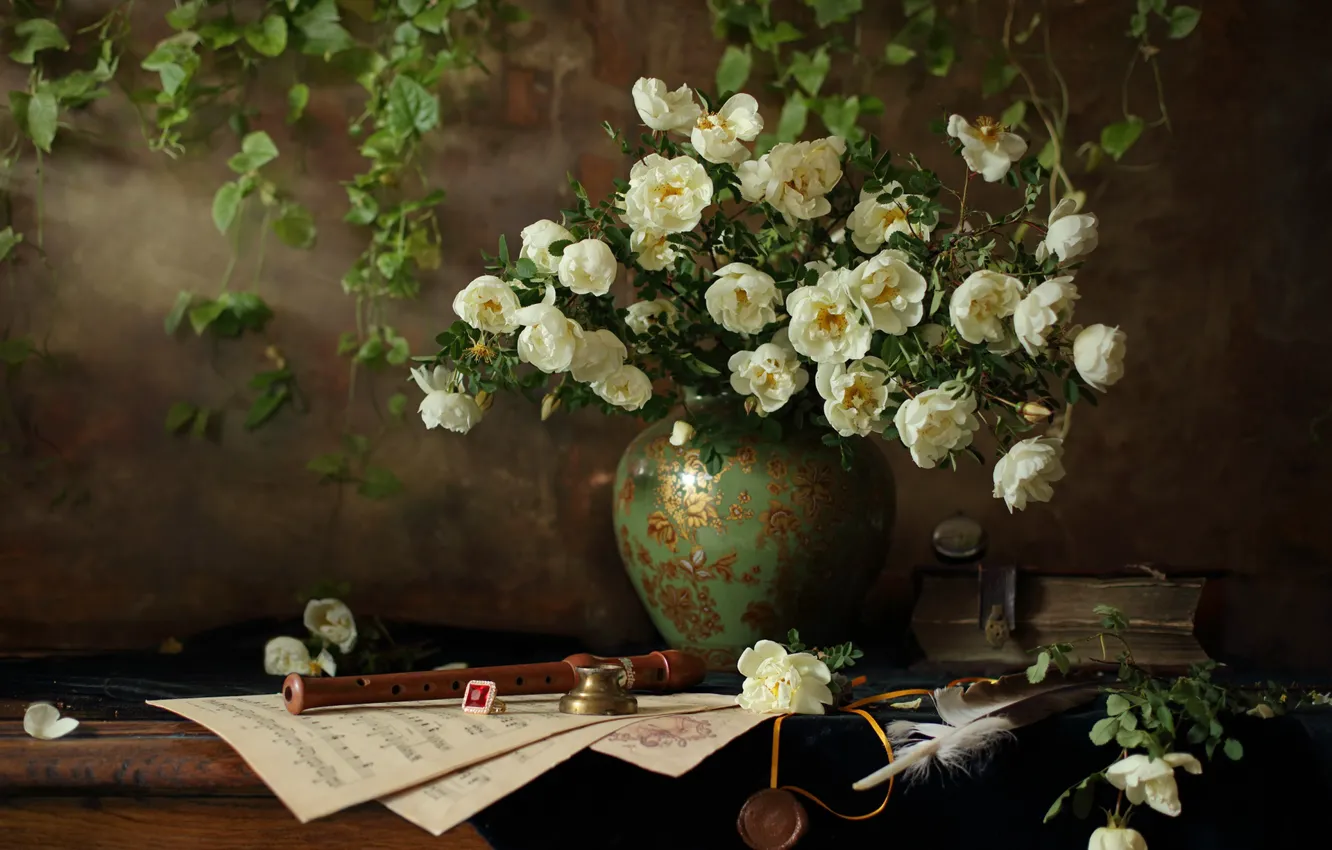 Photo wallpaper flowers, style, notes, roses, feathers, ring, briar, book