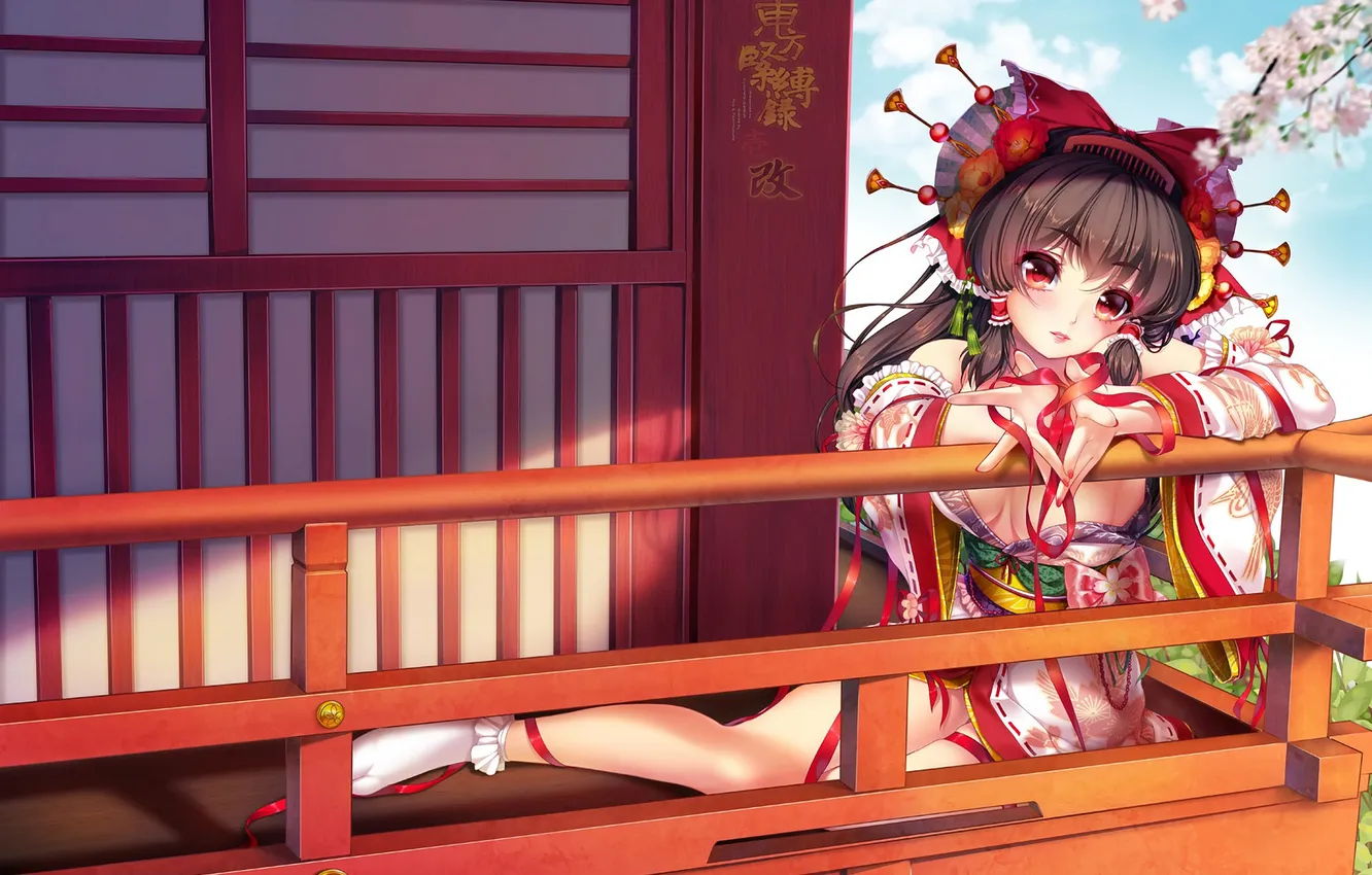 Photo wallpaper girl, cherry, anime, hairstyle, house, kimono, art, Touhou