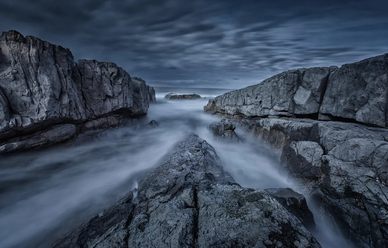 Photo wallpaper sea, landscape, night, rocks