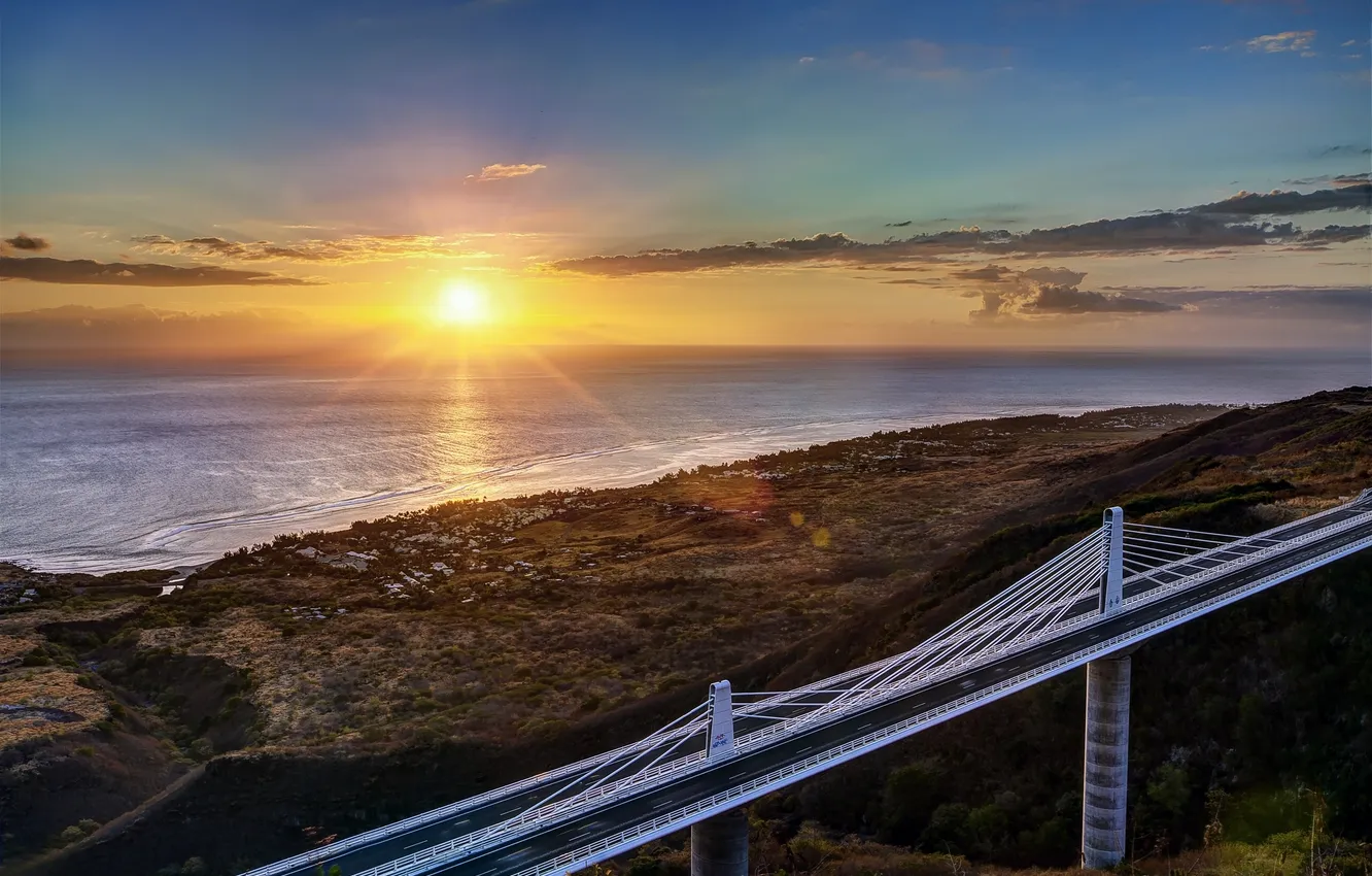 Photo wallpaper sea, sunset, bridge, coast