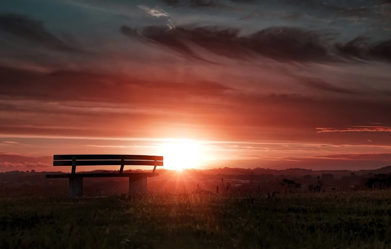 Photo wallpaper the sun, sunset, bench, clouds, horizon