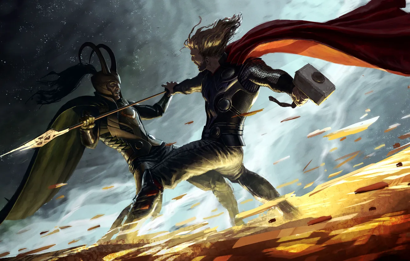 Photo wallpaper hammer, spear, the fight, Thor