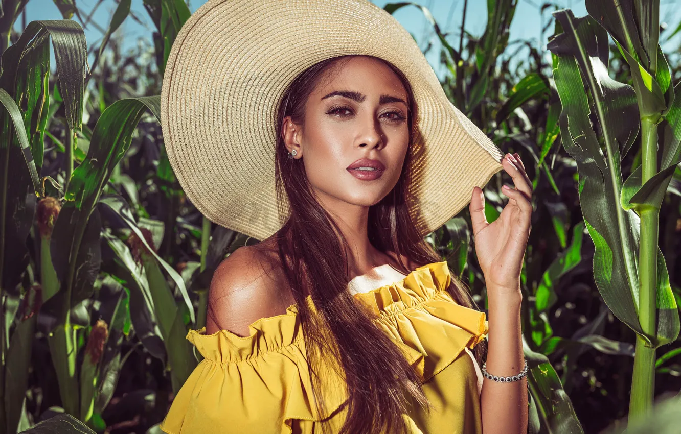 Photo wallpaper girl, nature, hat, corn, makeup, stem, brunette, shoulders