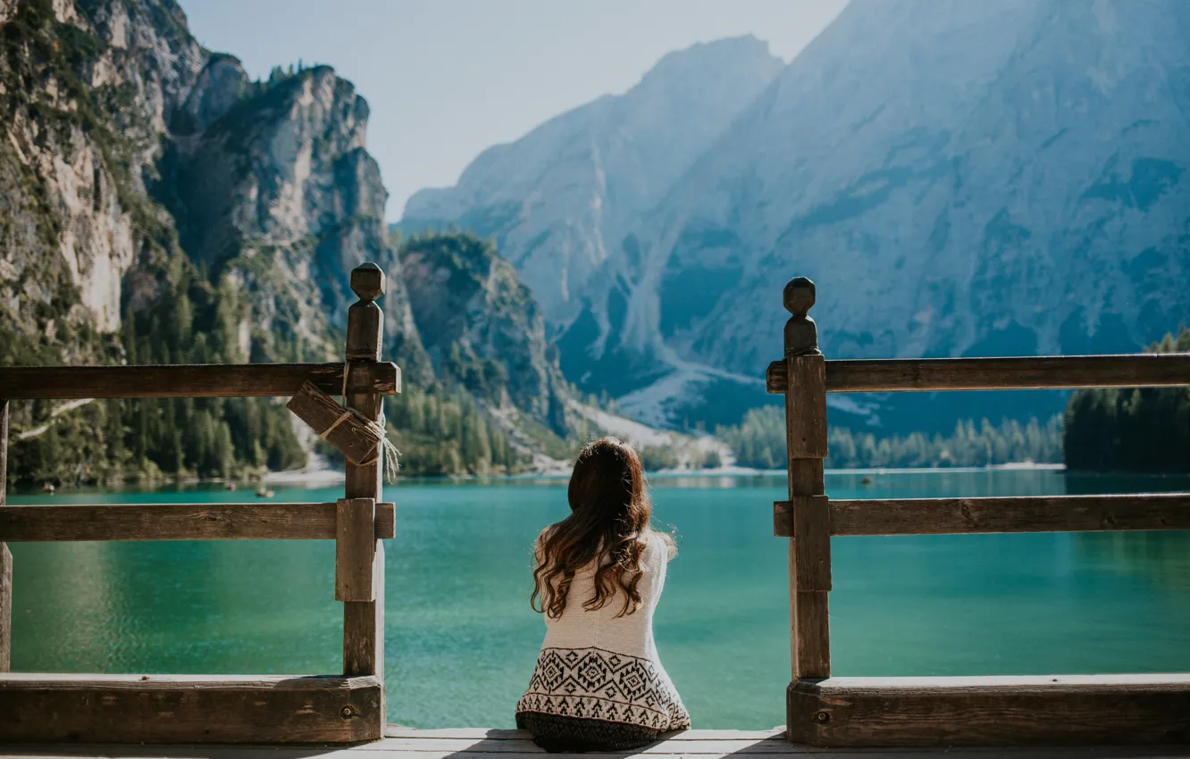 Photo wallpaper the sky, water, girl, mountains, brunette, pierce, sitting