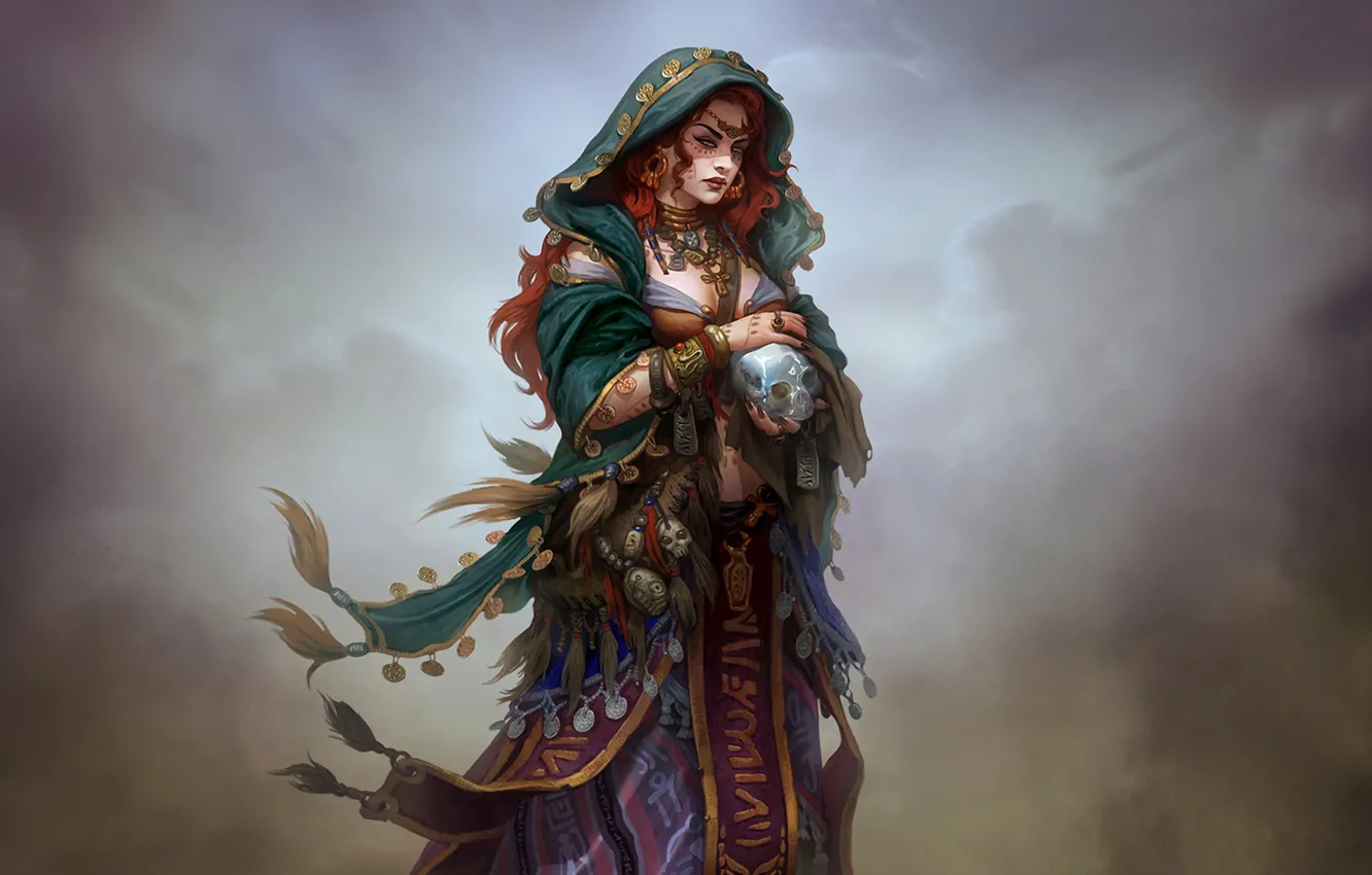 Photo wallpaper look, girl, decoration, fog, pattern, skull, medium