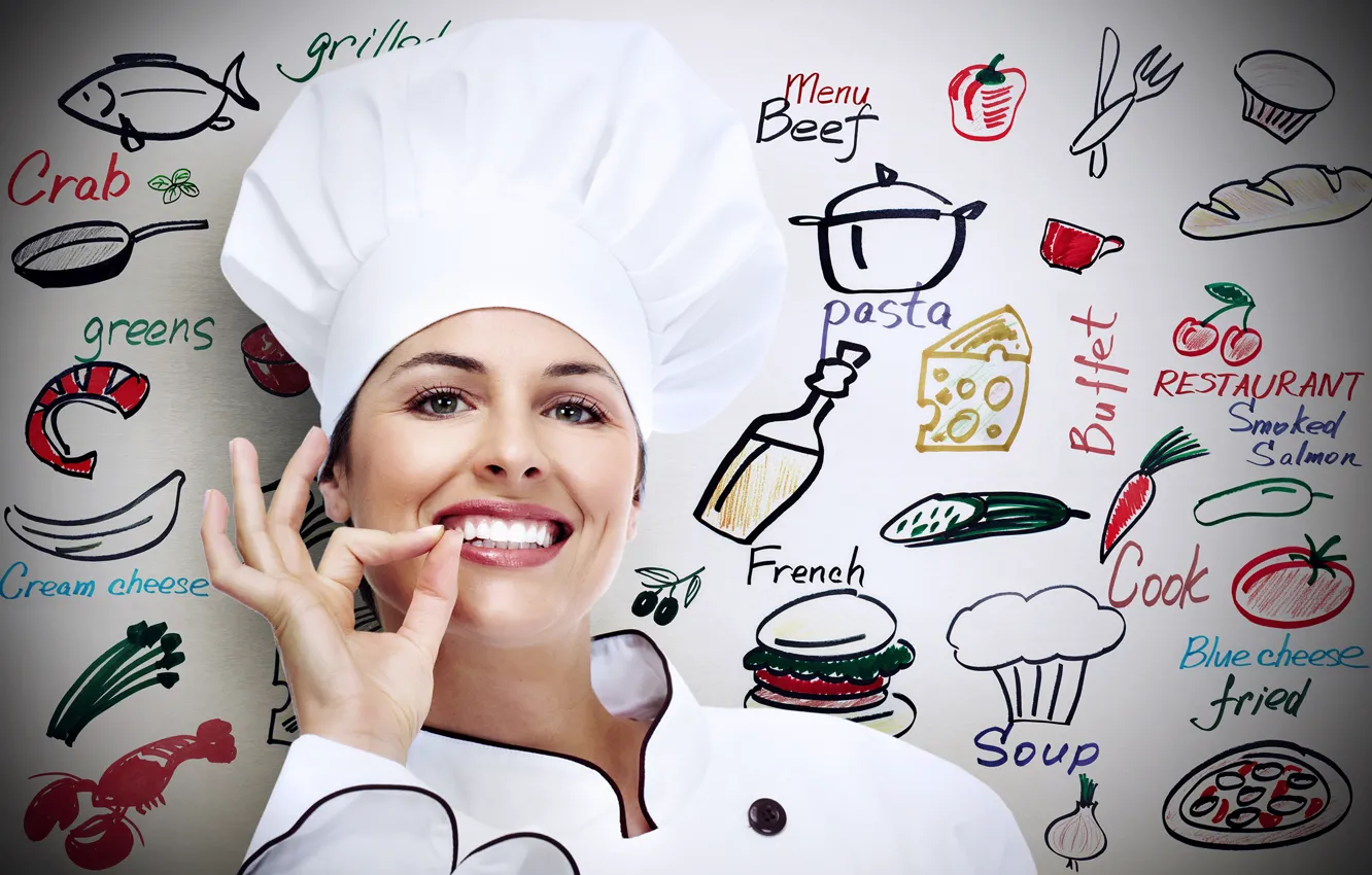 Photo wallpaper look, girl, face, smile, background, hands, makeup, cook