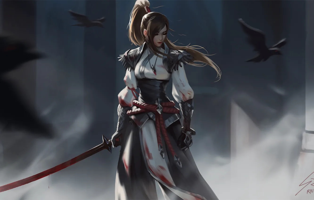 Photo wallpaper look, girl, weapons, bird, warrior, fantasy, art, Raven