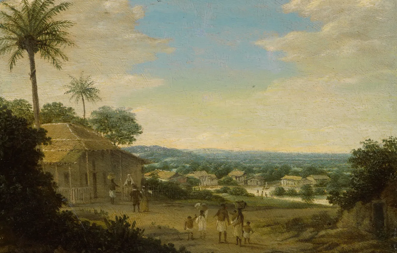 Photo wallpaper trees, landscape, oil, picture, Frans Post, Brazilian Village
