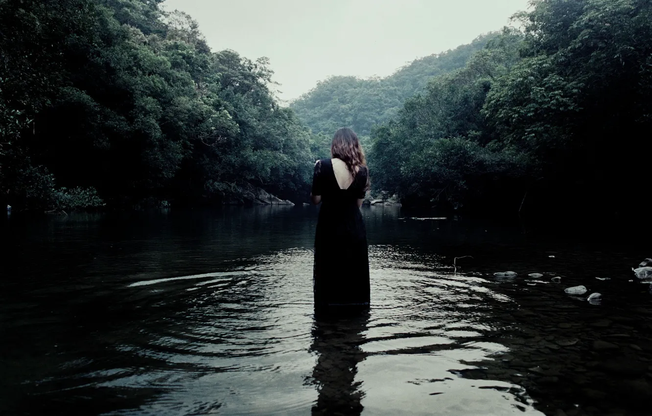 Photo wallpaper girl, river, dress, fog
