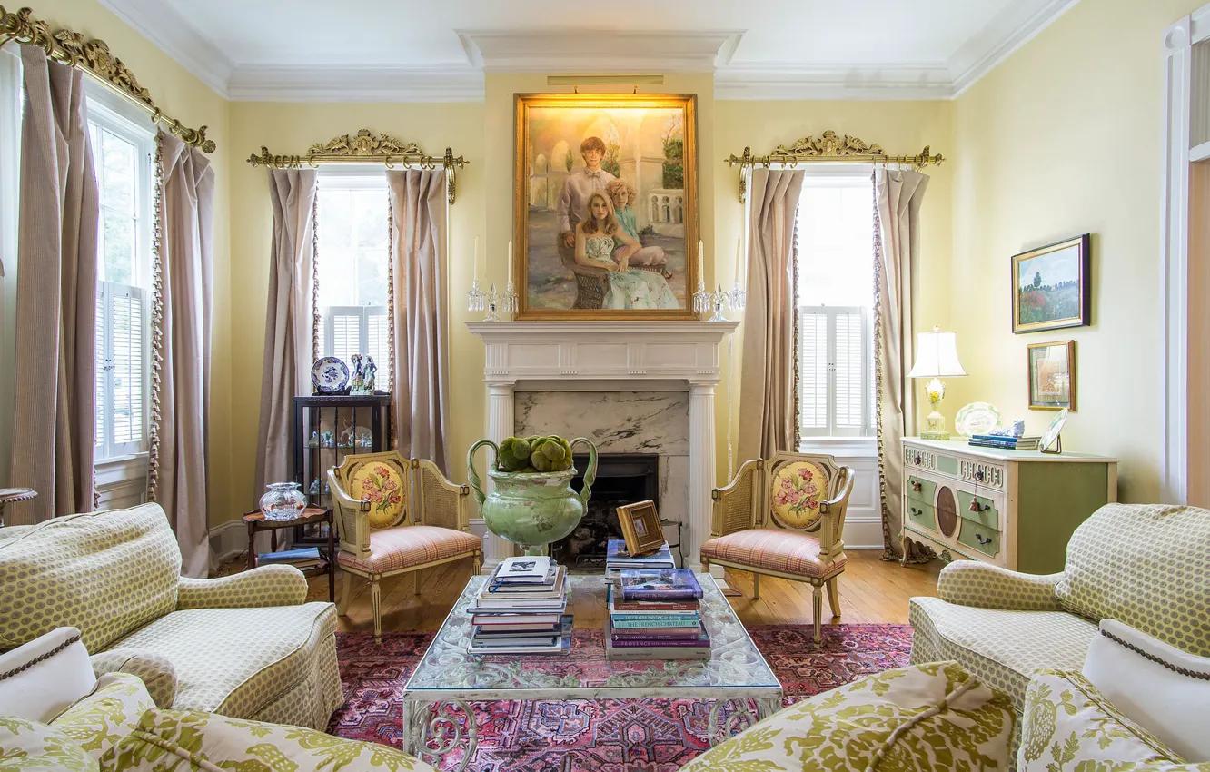 Photo wallpaper design, sofa, picture, chair, fireplace, chest, living room, decor