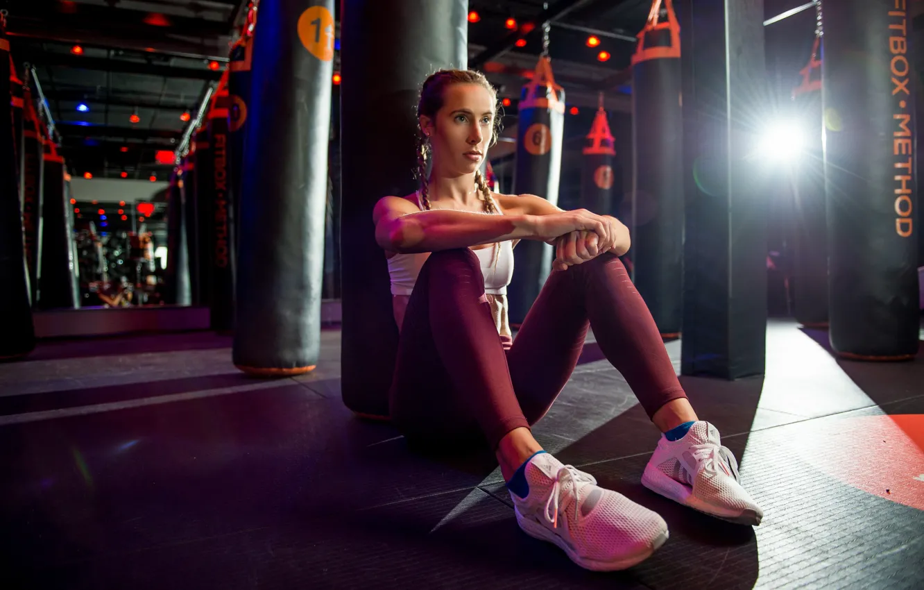 Photo wallpaper girl, sports, sitting, sneakers, the gym, Hanna, punching bag