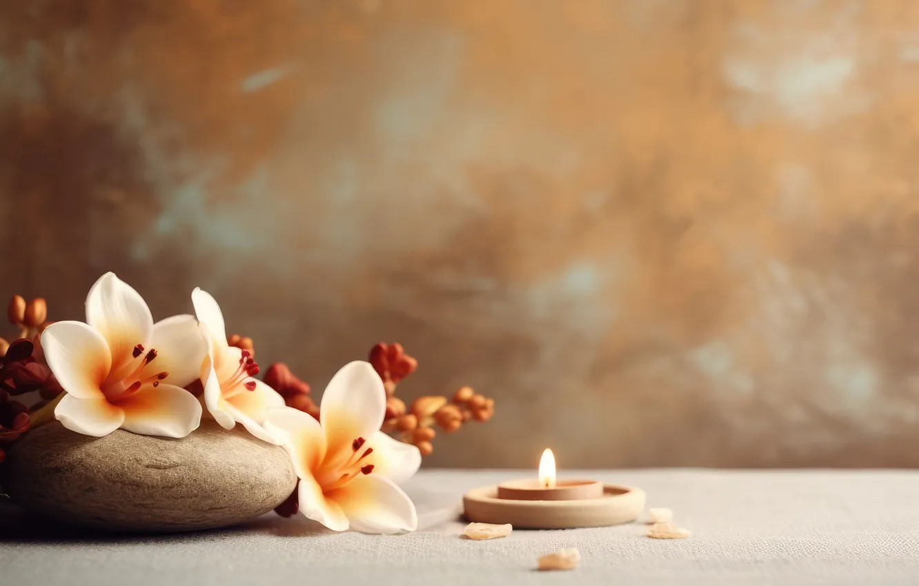Photo wallpaper flowers, stones, still life, AI art, neural network