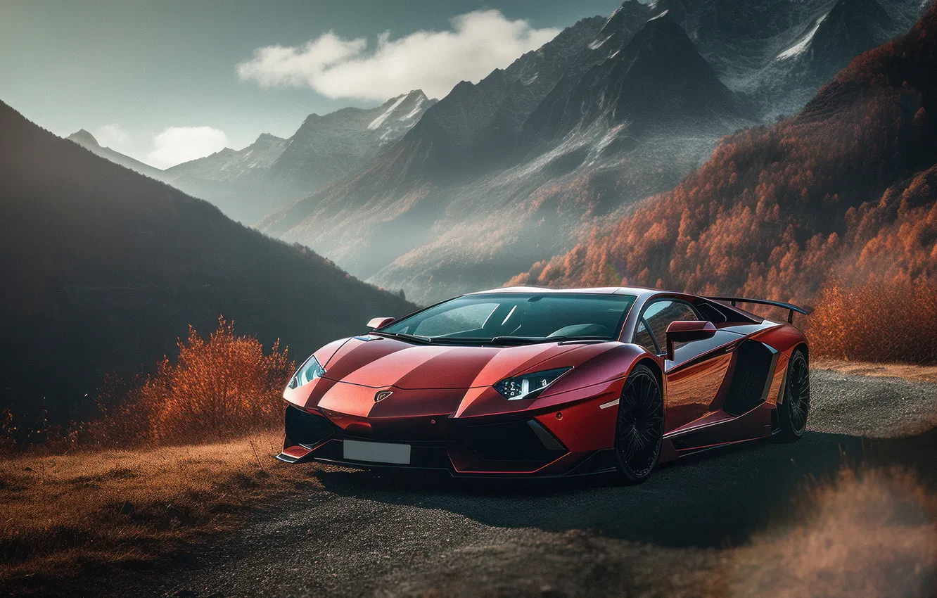 Photo wallpaper Lamborghini, Cars, Lamborghini Aventador, Roadway, AI art, Autumn background, Orange aesthetic, Autumn Scenery