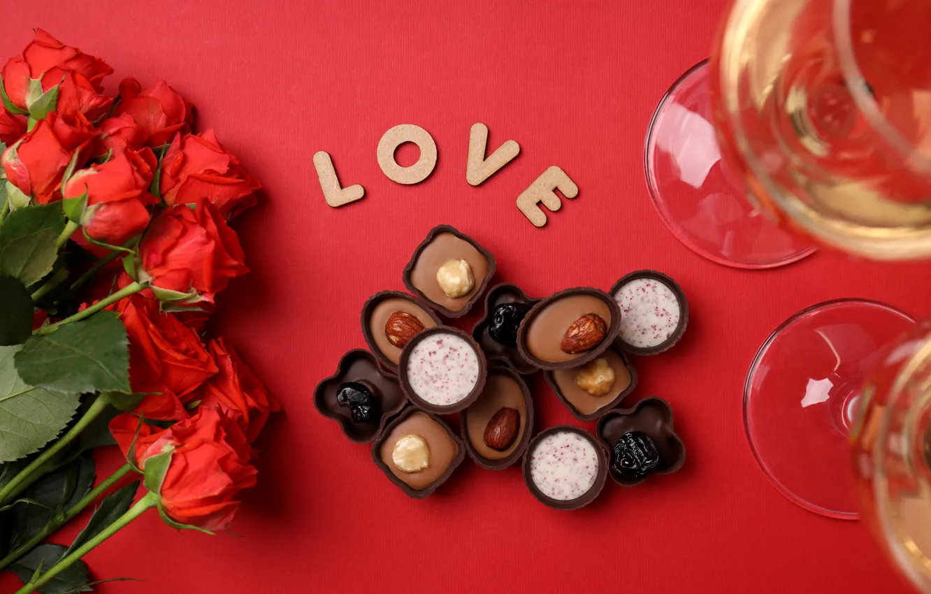Photo wallpaper love, romance, chocolate, glasses, red, love, happy, flowers