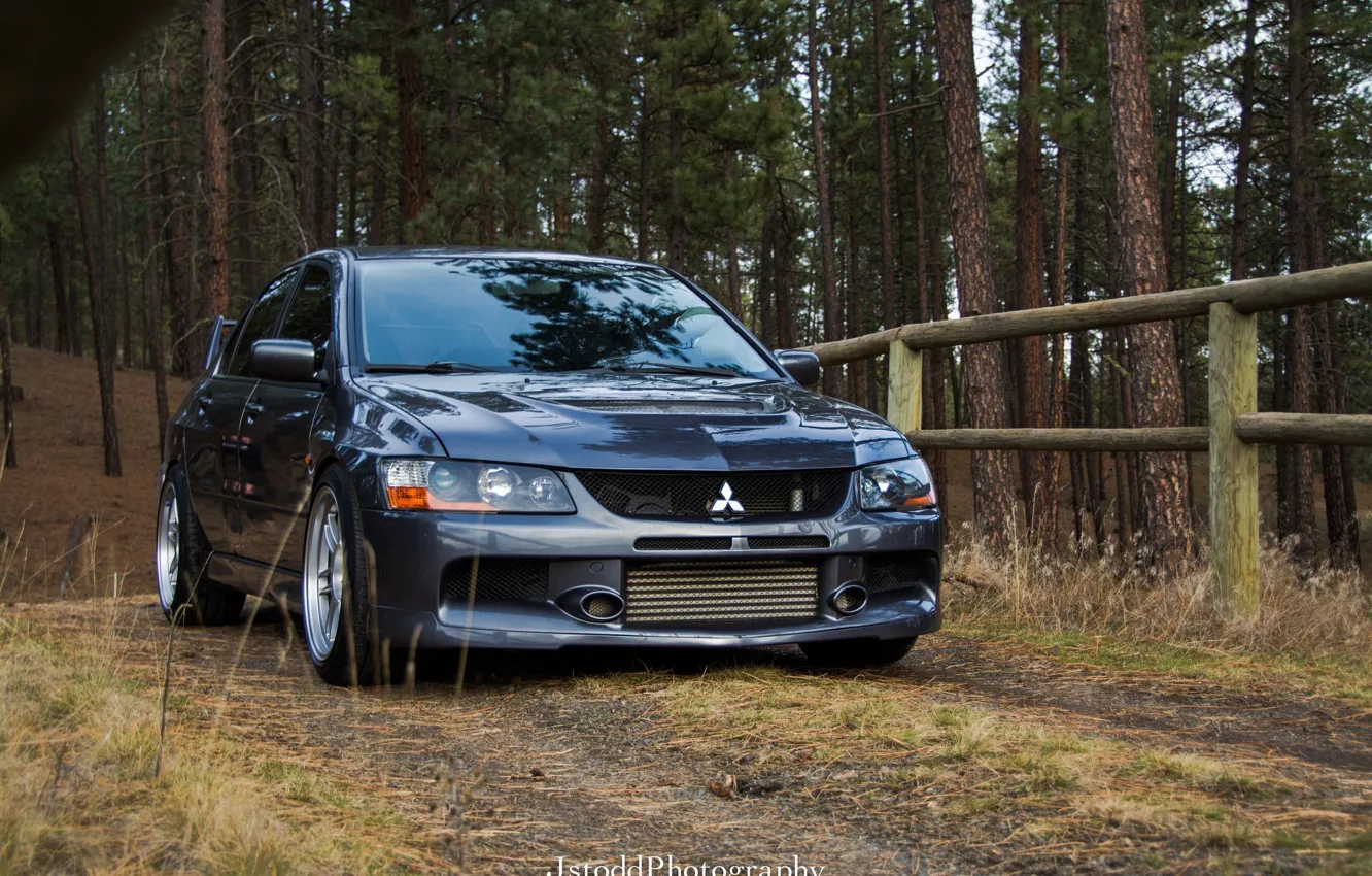 Photo wallpaper Mitsubishi, Lancer, Japan, forest, Evolution, tuning, evo, Turbo