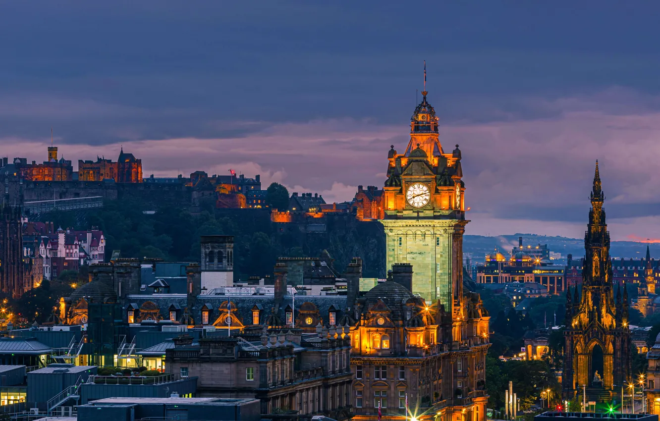 Photo wallpaper lights, castle, watch, tower, Scotland, Edinburgh