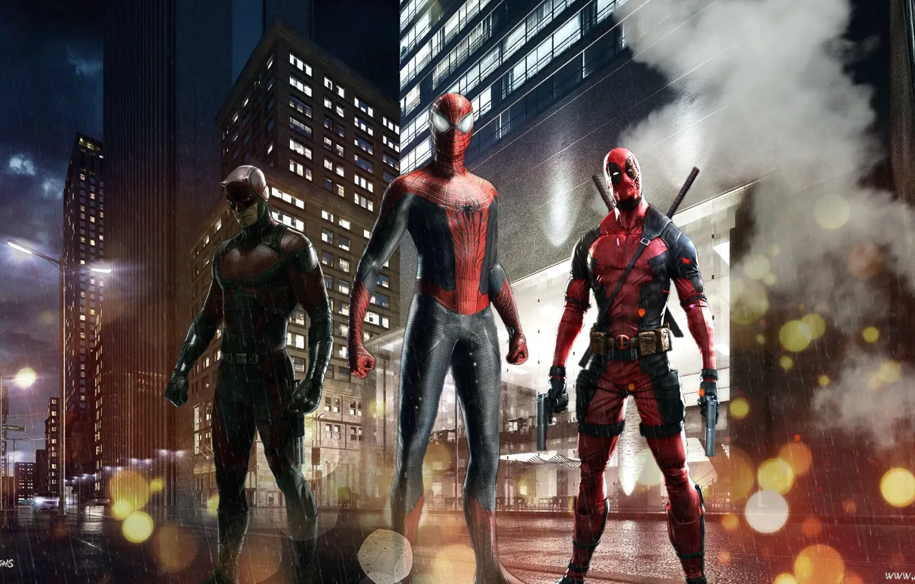 Photo wallpaper Deadpool, Daredevil, Spider Man, Red team