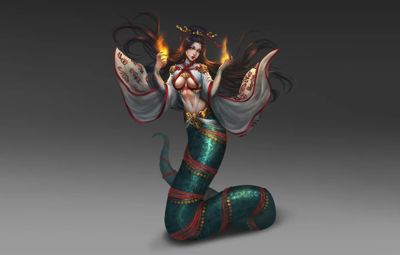 Photo wallpaper fire, girl, fantasy, dress, style, Snake, art, Illustration