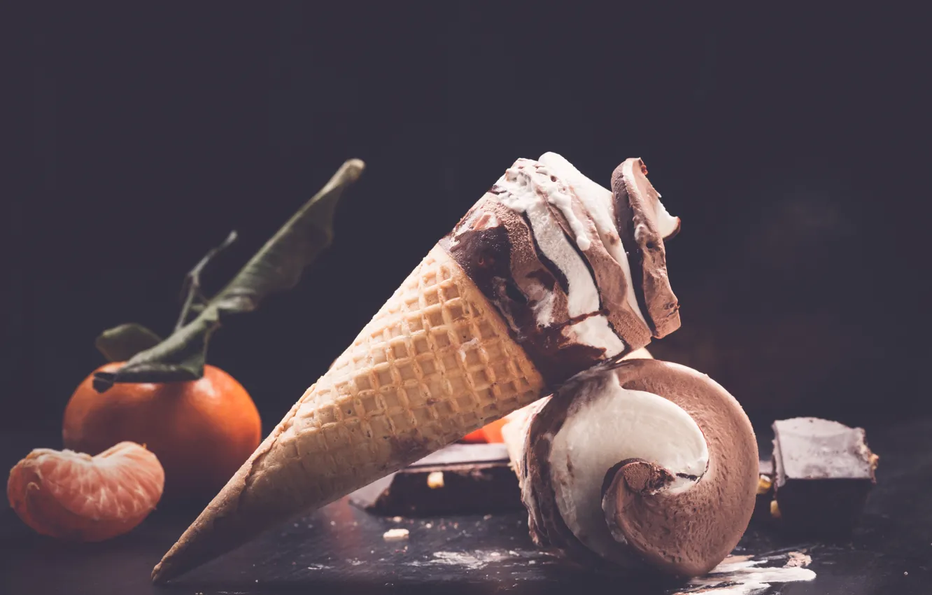 Photo wallpaper ice cream, sweet, chocolate, tangerines, waffle cone