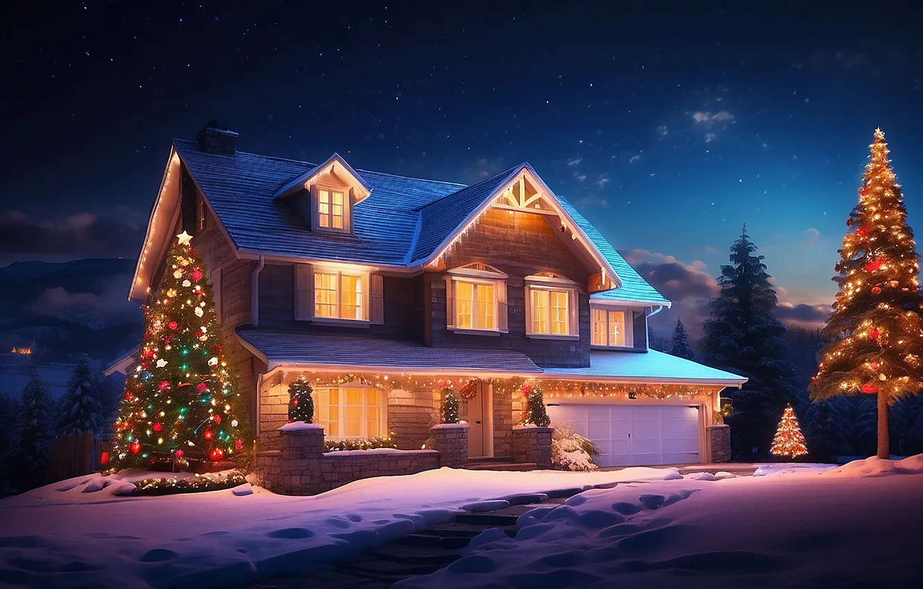Photo wallpaper snow, decoration, night, lights, tree, new year, home, colorful