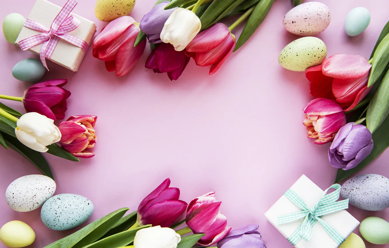 Photo wallpaper flowers, eggs, spring, colorful, Easter, tulips, pink, flowers