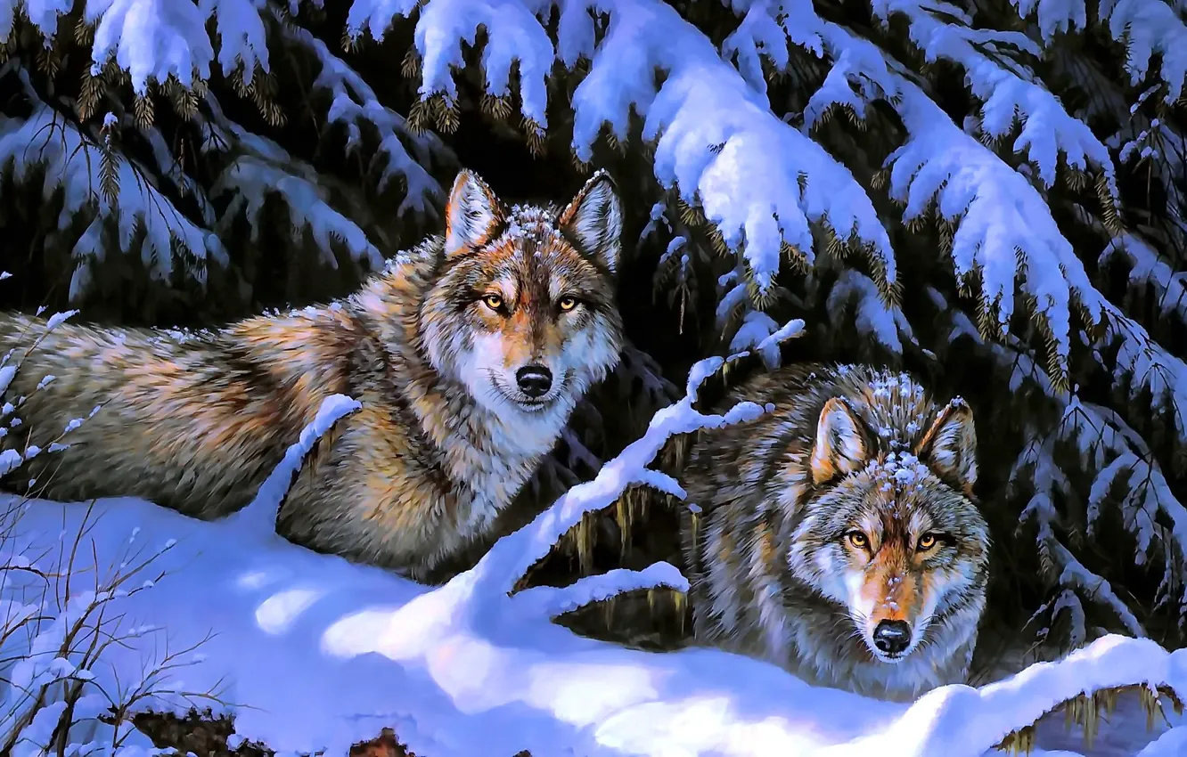 Photo wallpaper winter, animals, snow, trees, nature, wolves