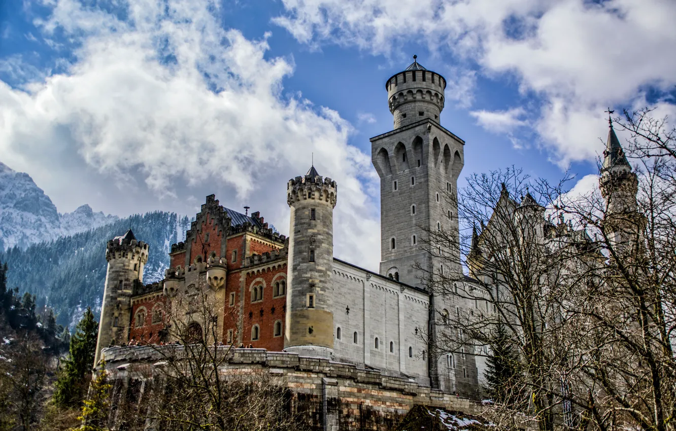 Photo wallpaper the sky, clouds, trees, castle, tower, Germany, Bayern, Neuschwanstein