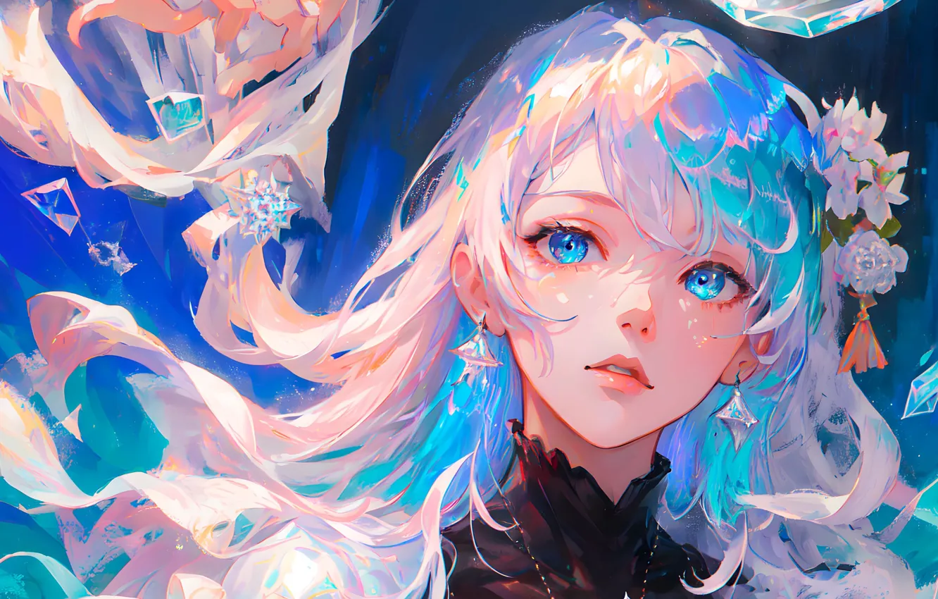 Photo wallpaper look, earrings, anime, blue eyes, bokeh, digital art, Anime girl, digital art