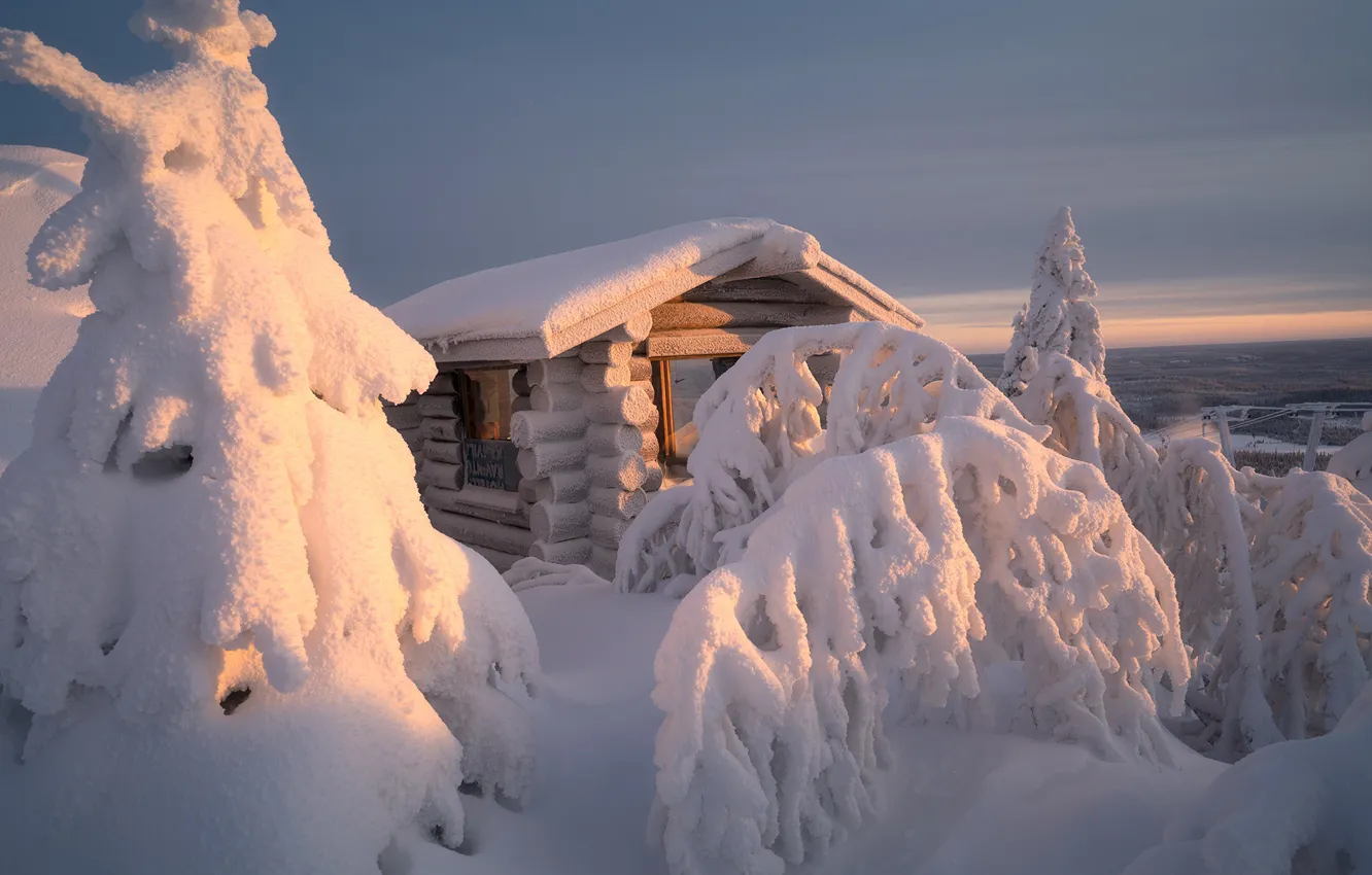 Photo wallpaper winter, snow, trees, landscape, nature, hut, ate, house
