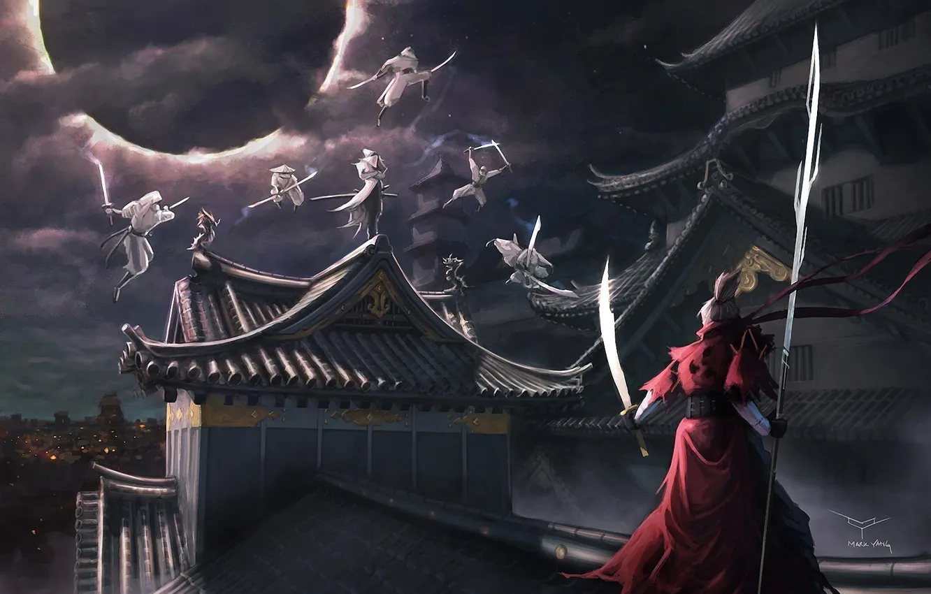Photo wallpaper roof, night, weapons, Asia, sword, warrior, art, Eclipse