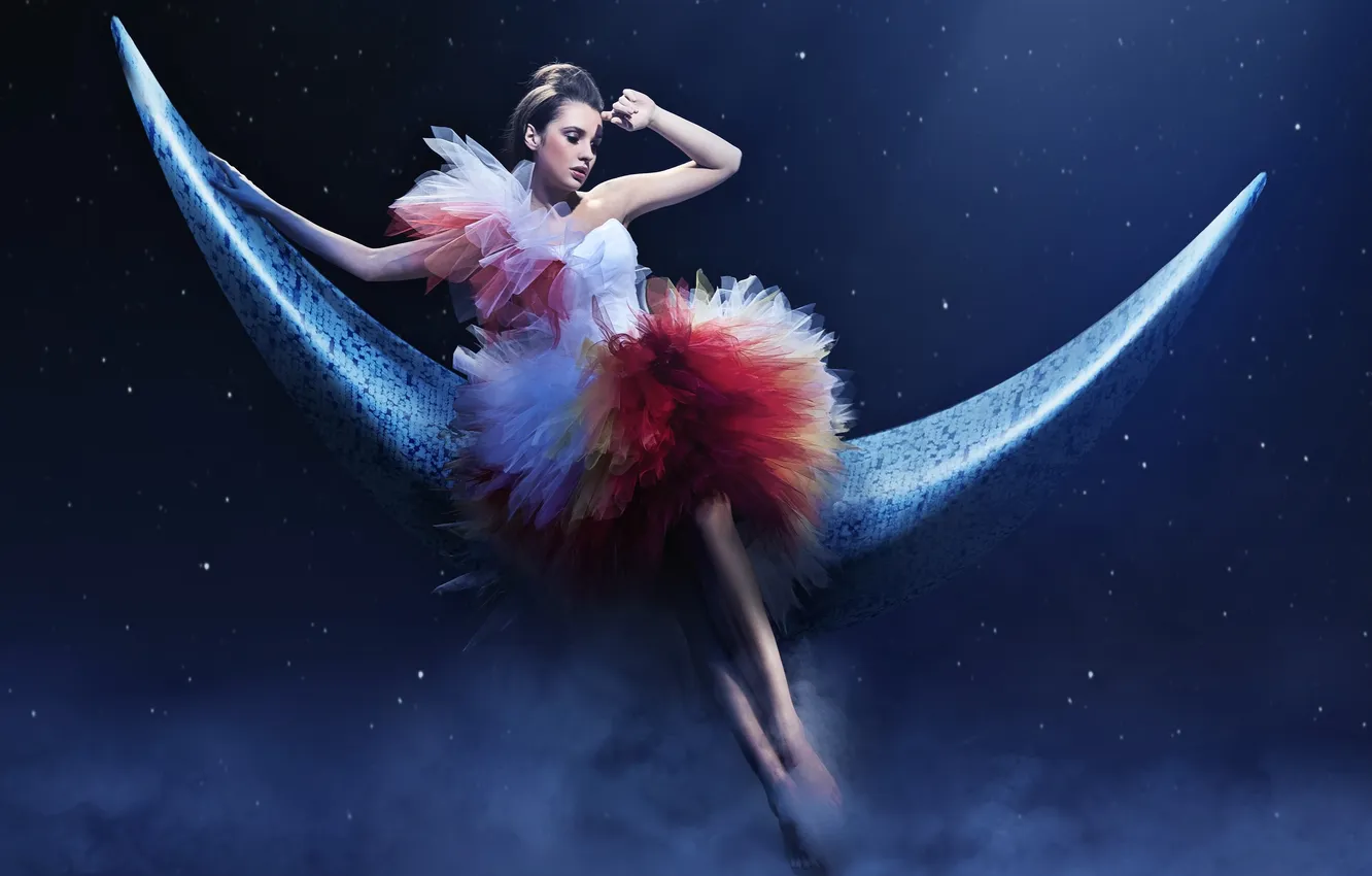 Photo wallpaper girl, stars, clouds, night, a month, dress, hairstyle