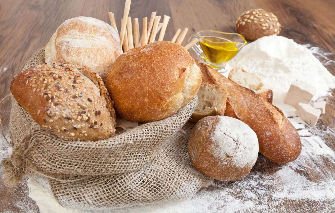 Photo wallpaper round, oil, bread, bag, flour, baton