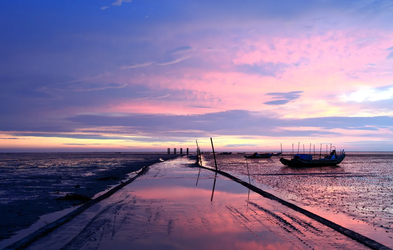 Photo wallpaper sea, landscape, sunset, boats