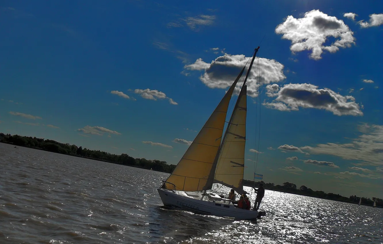 Photo wallpaper the sky, sunset, lake, yacht, sail
